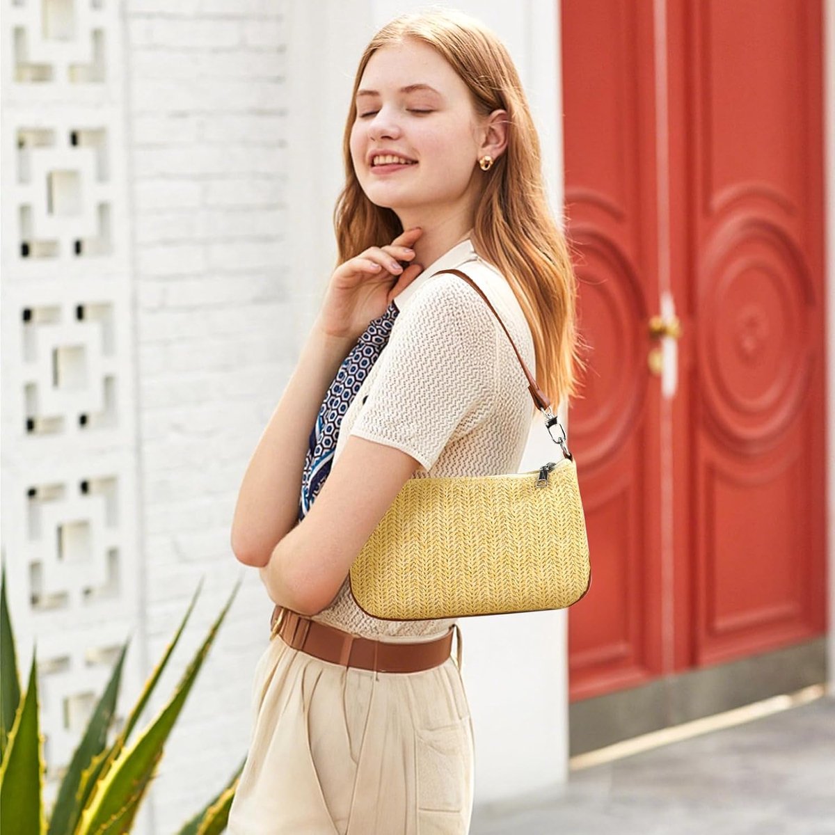 Women's Small Handbags Straw Shoulder Bag Tote Bag Shopper with PU Leather Strap Summer Shoulder Bag for Daily - ShopVlot