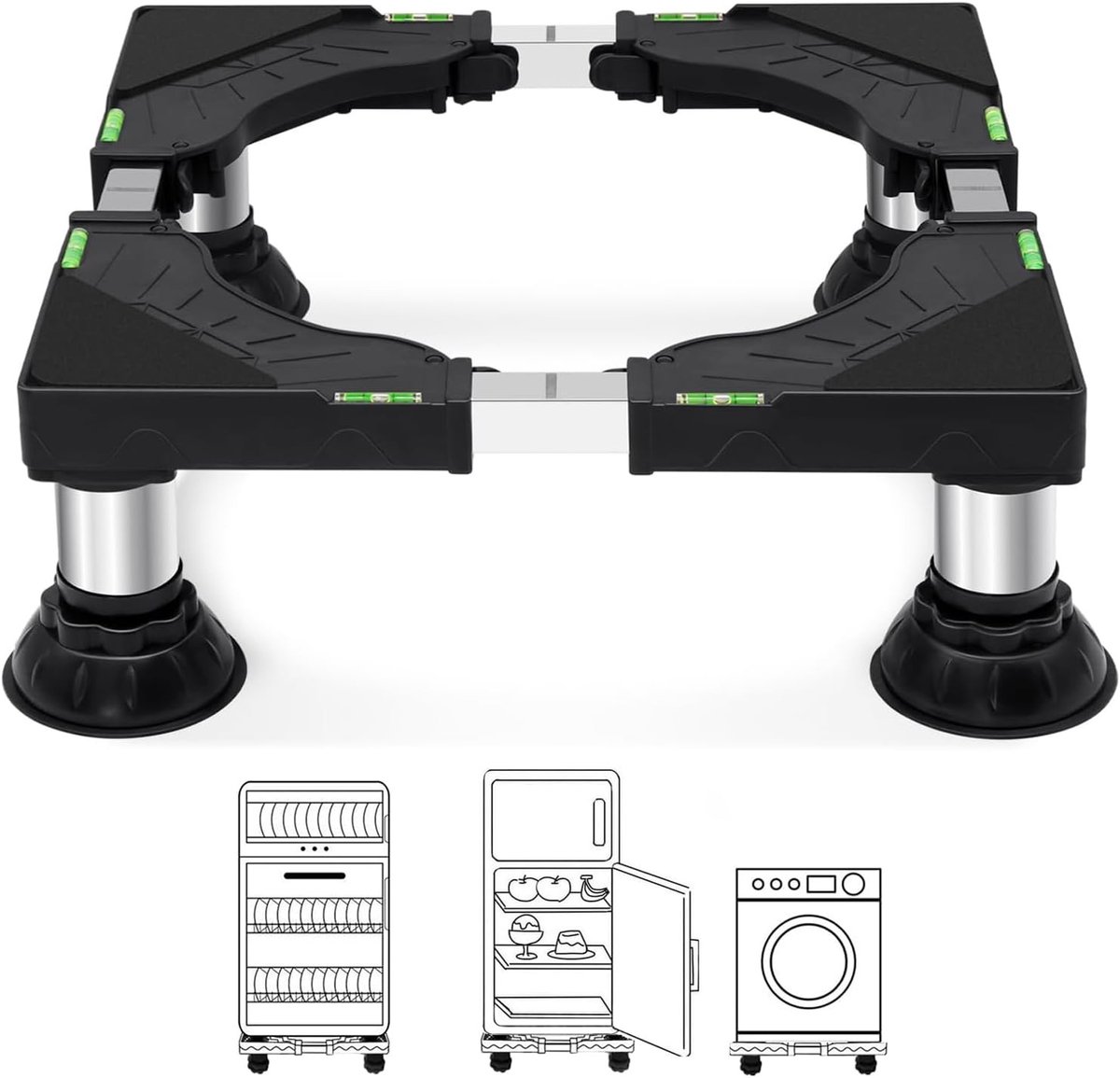 Robuuste wasmachinebasis met 4 sterke stalen poten, verstelbare hoogte 16-19 cm, geschikt voor mini koelkasten, wasdrogers en vaatwassers, zwart (verstelbaar 40-65 cm)