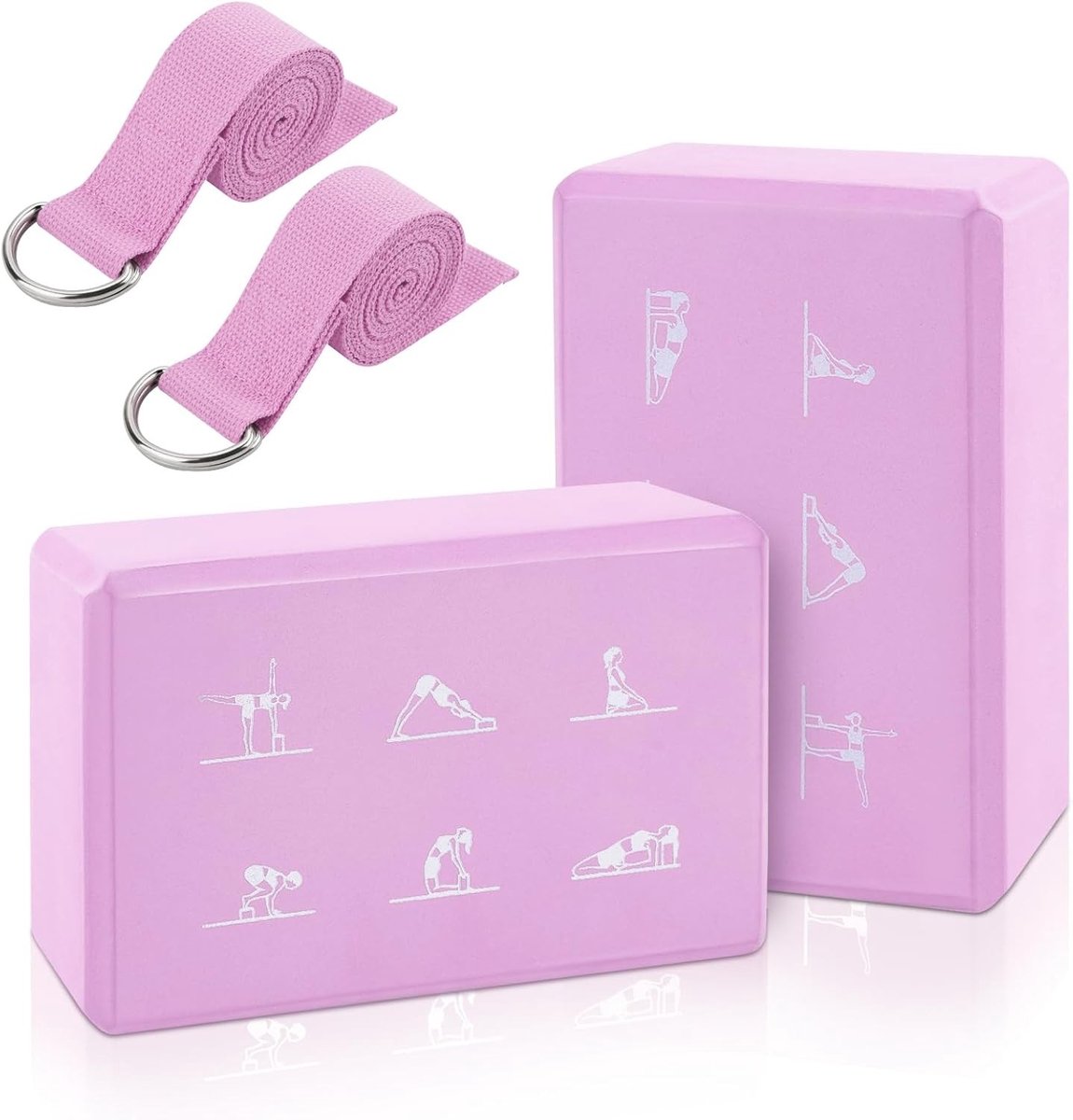 Yoga Blokken van Hoge Dichtheid met 1.8 m Strap - Antislip, Latexvrij Set voor Verbetering van Flexibiliteit en Balans (Roze)