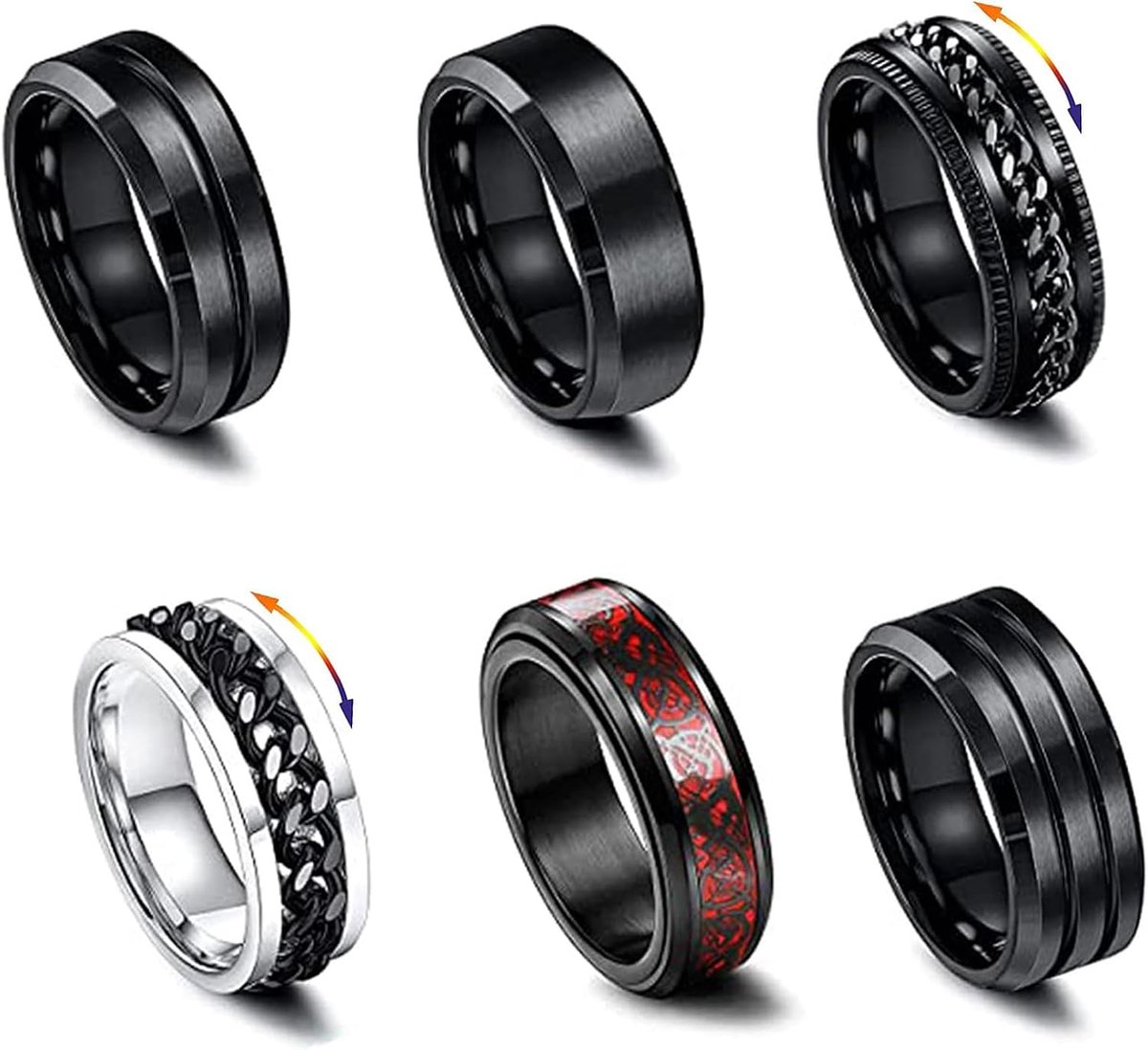 6 pcs stainless steel spinner rings for men and women, black - ShopVlot
