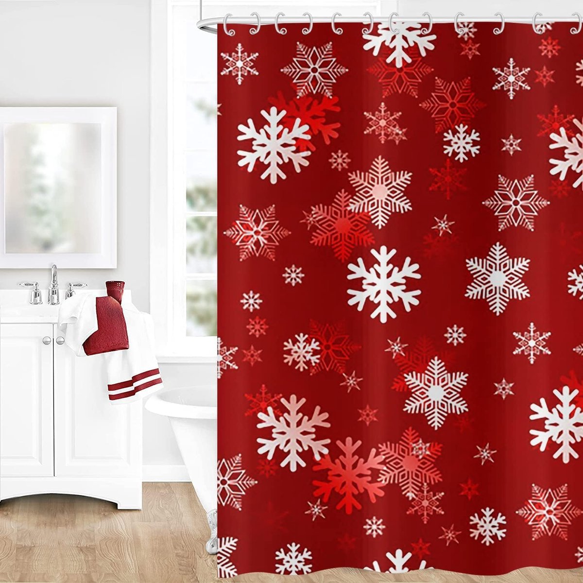 Christmas Snowflake Shower Curtain, Red White Christmas Snowflake Winter Holiday New Year Bath Curtain Waterproof - ShopVlot