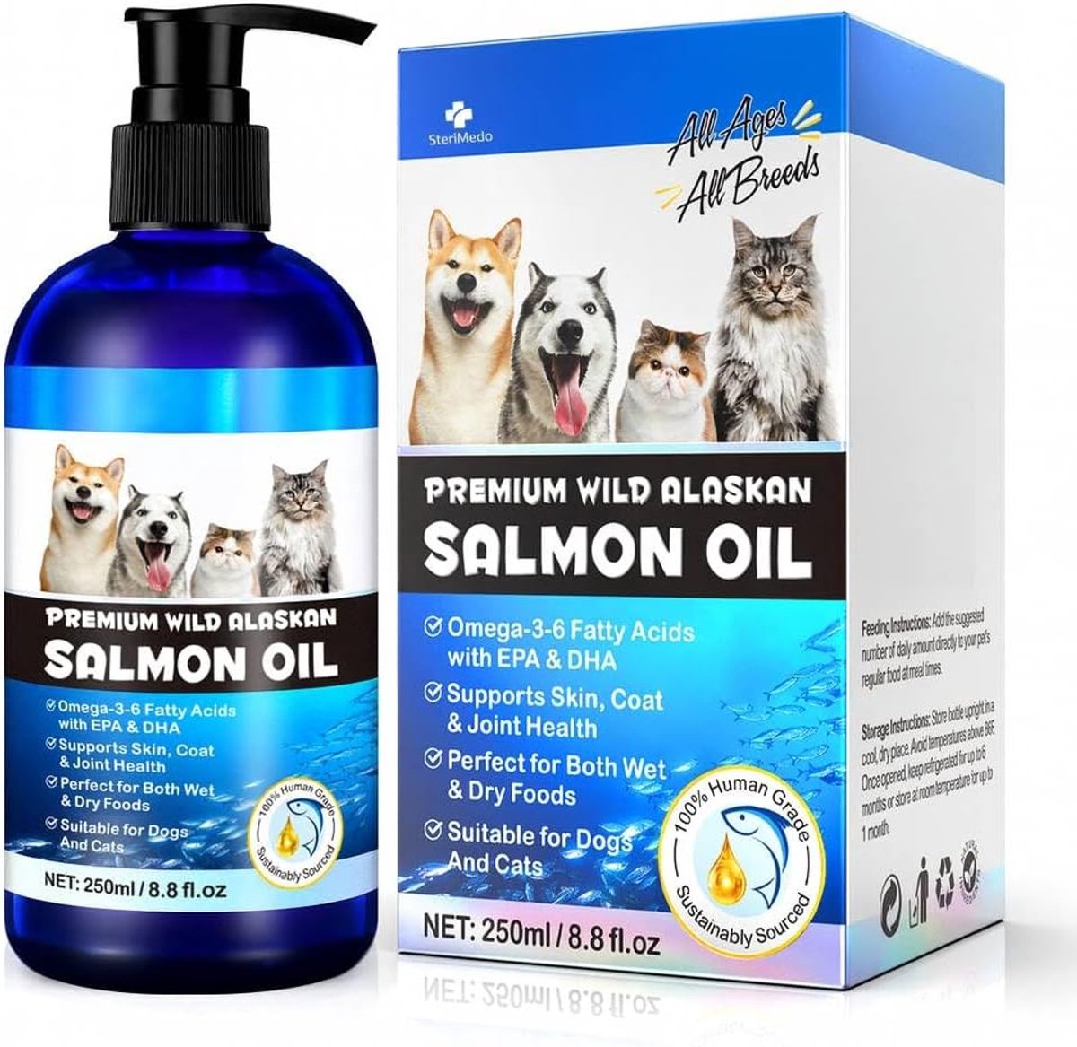 Omega 3-6 Salmon Oil for Dogs and Cats, 250 ml, Supports Coat, Skin, Joints, High-Dose Food Additive, Suitable for All - ShopVlot
