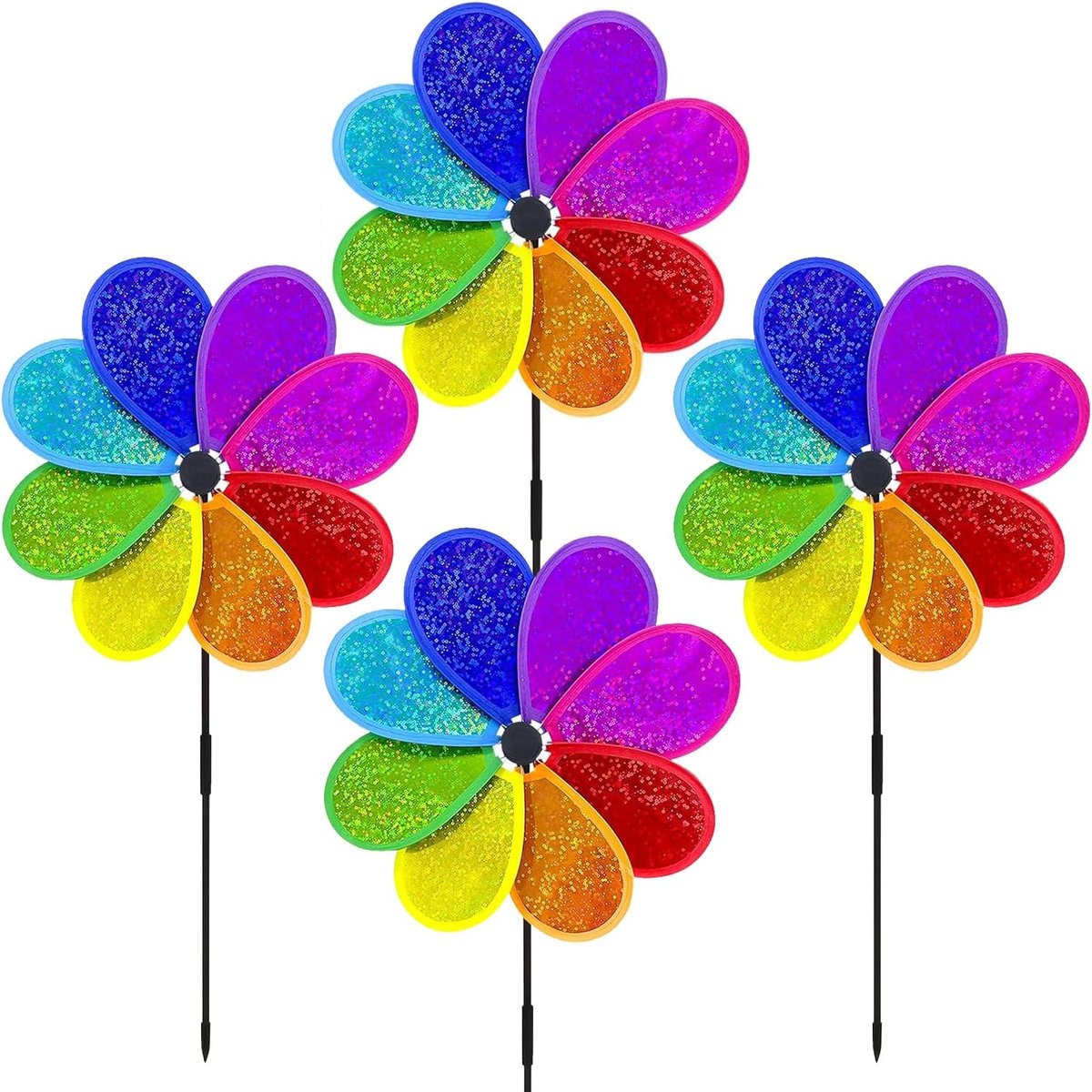 Windmolen voor de tuin, 4 stuks, windmolen, bloem, windmolen, vogelafweer, regenboog Sparkly windmolen, vogelafweer - ShopVlot