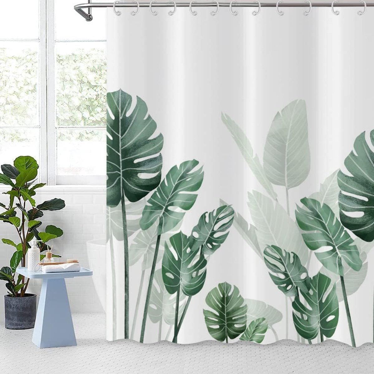 Douchegordijn, 180 x 200 cm, groen blad, botanische plant, banaan, monstera, junglebladeren, waterdichte stof - ShopVlot