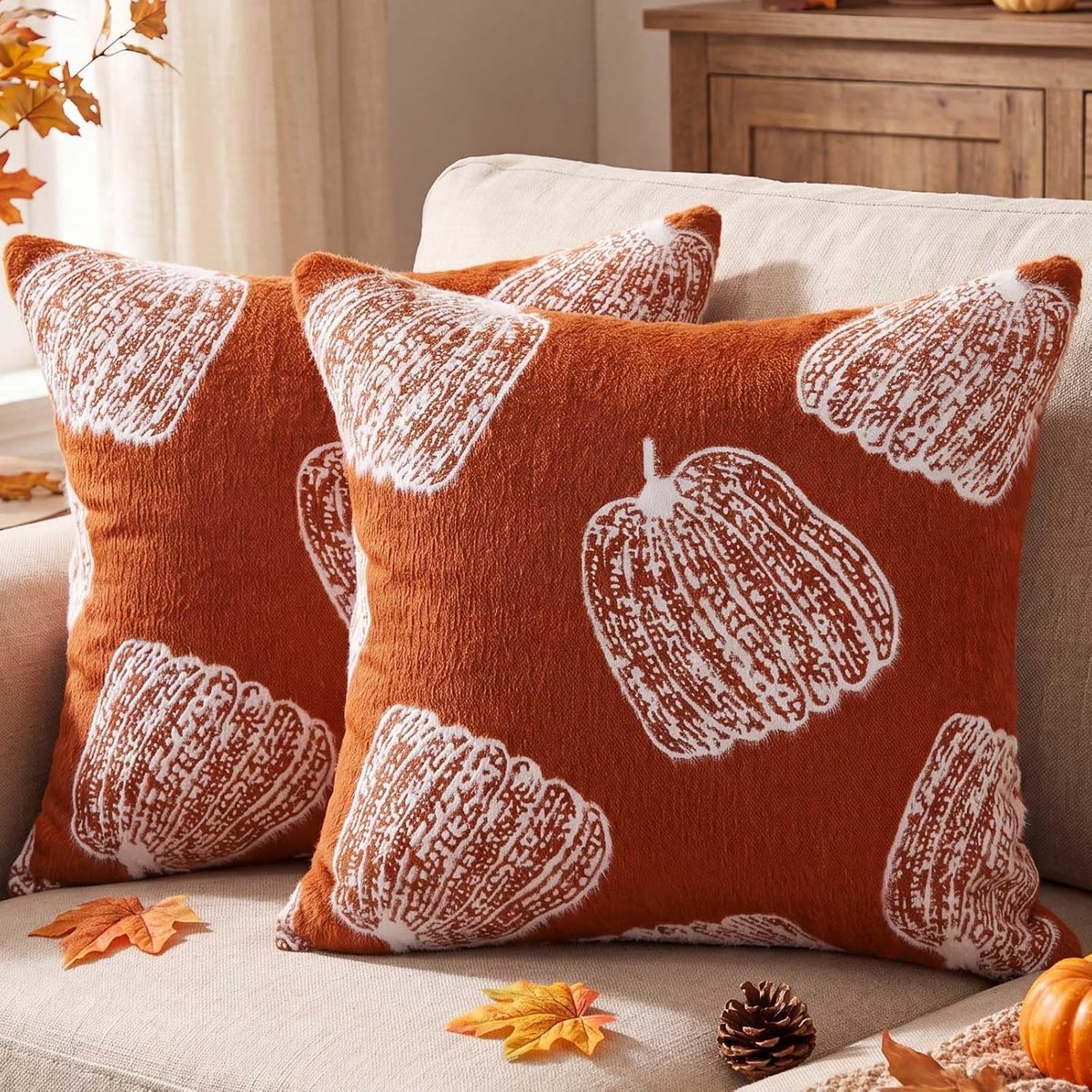 Benjia Set van 2 Herfst Kussenslopen 50 x 50 cm Pompoen Decoratieve Kussenhoes Imitatie Nertsfluweel Kussenslopen voor - ShopVlot