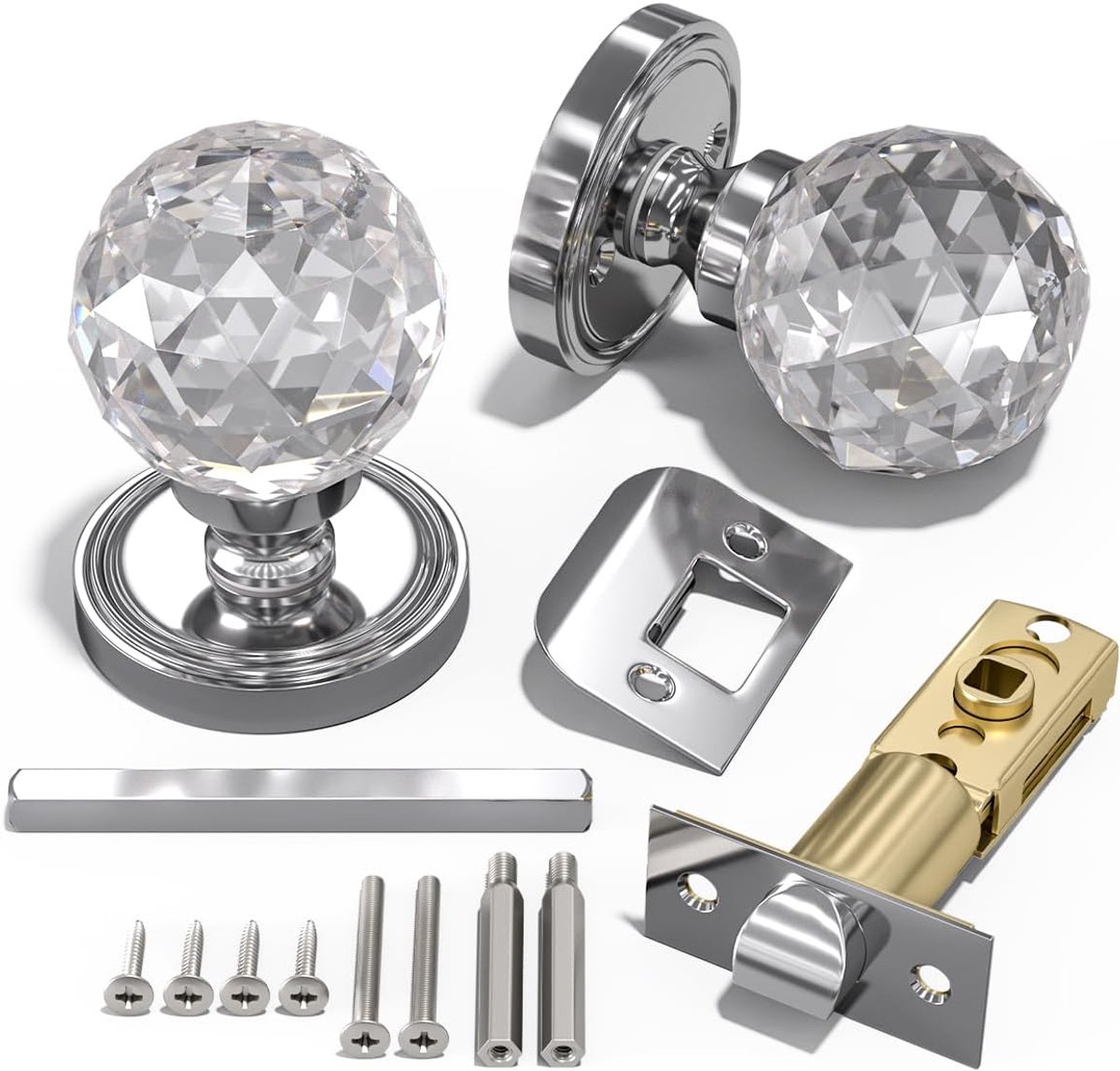Bwintech 1 Pair Brushed Chrome Solid Crystal Door Knobs, 65mm Palace Style Crystal Internal Door Handle with Latch and - ShopVlot