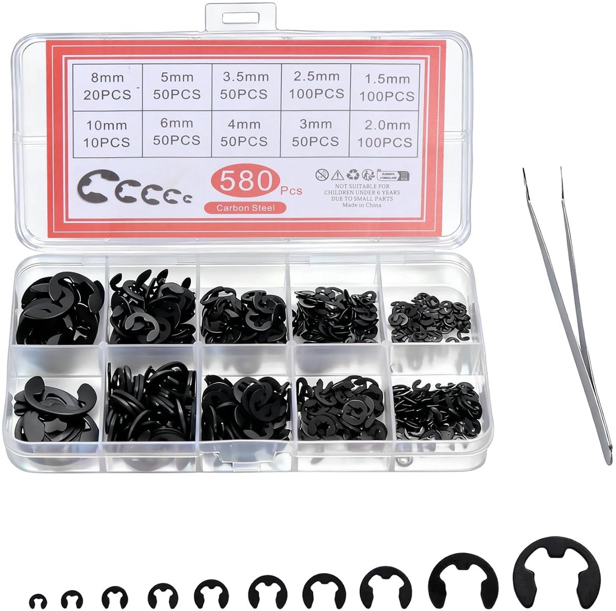 580 Pcs E-Clips Retaining Rings Set, M1.5-M10 E-Clip Retaining Rings, Carbon Steel Retaining Ring Assortment for - ShopVlot