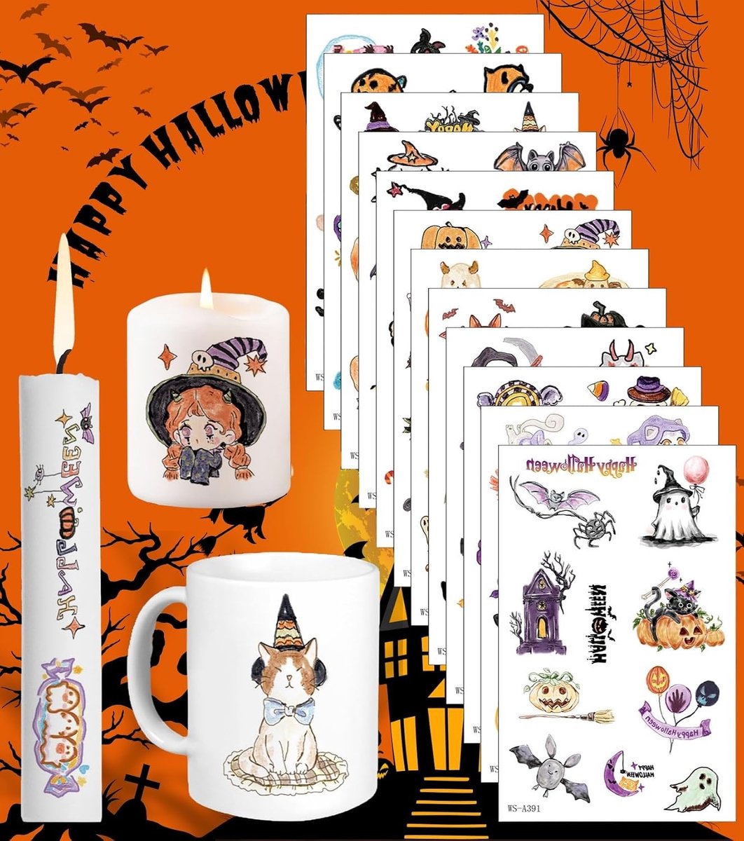 Set of 12 Candles Tattoos (Over 110 Designs) Decorative Stickers with Water Transfer Printing Candle Slider Film Ideal - ShopVlot