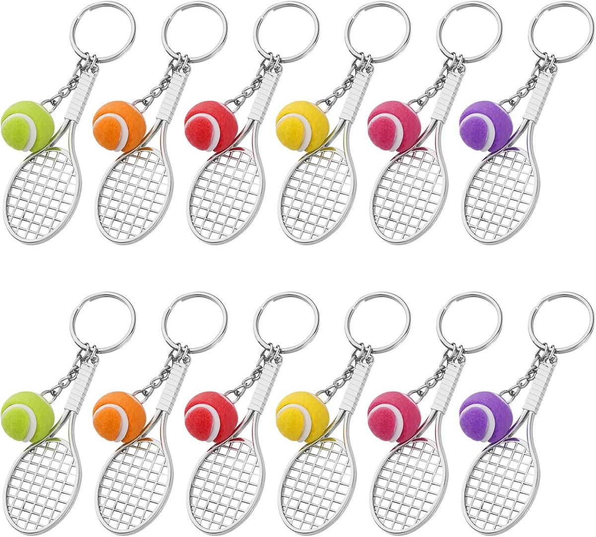 Sports Keychain Mini Metal Tennis Racket with Tennis Ball - Creative Gift for Tennis Lovers 12 Pieces (6 Color Balls) - ShopVlot
