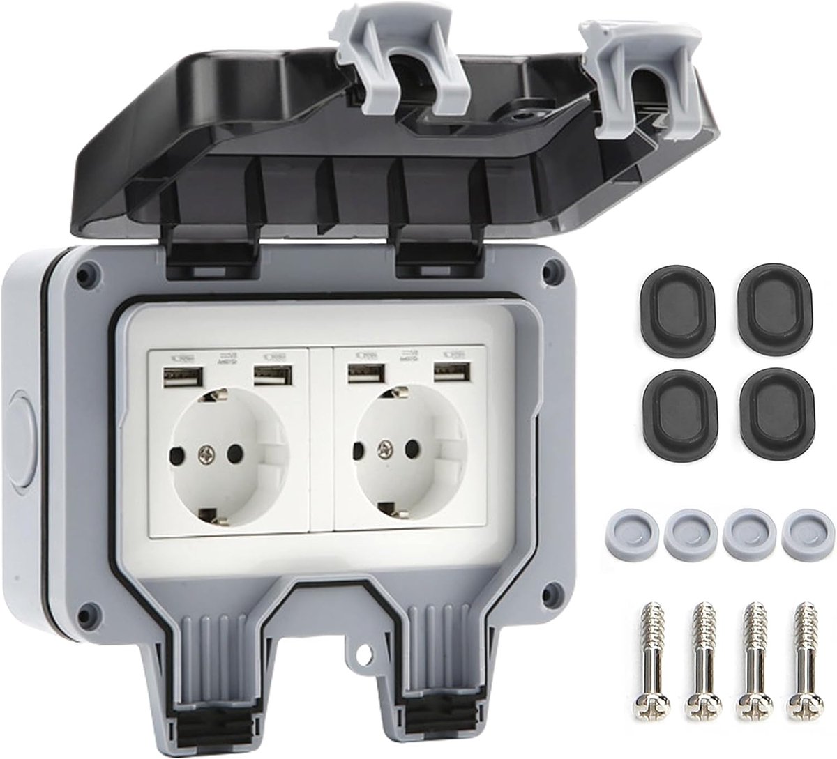 Buitensocket met USB aansluitingen - Waterdicht IP66 - Opbouwmodel met scharnierdeksel - Ideaal voor tuin gebruik - ShopVlot