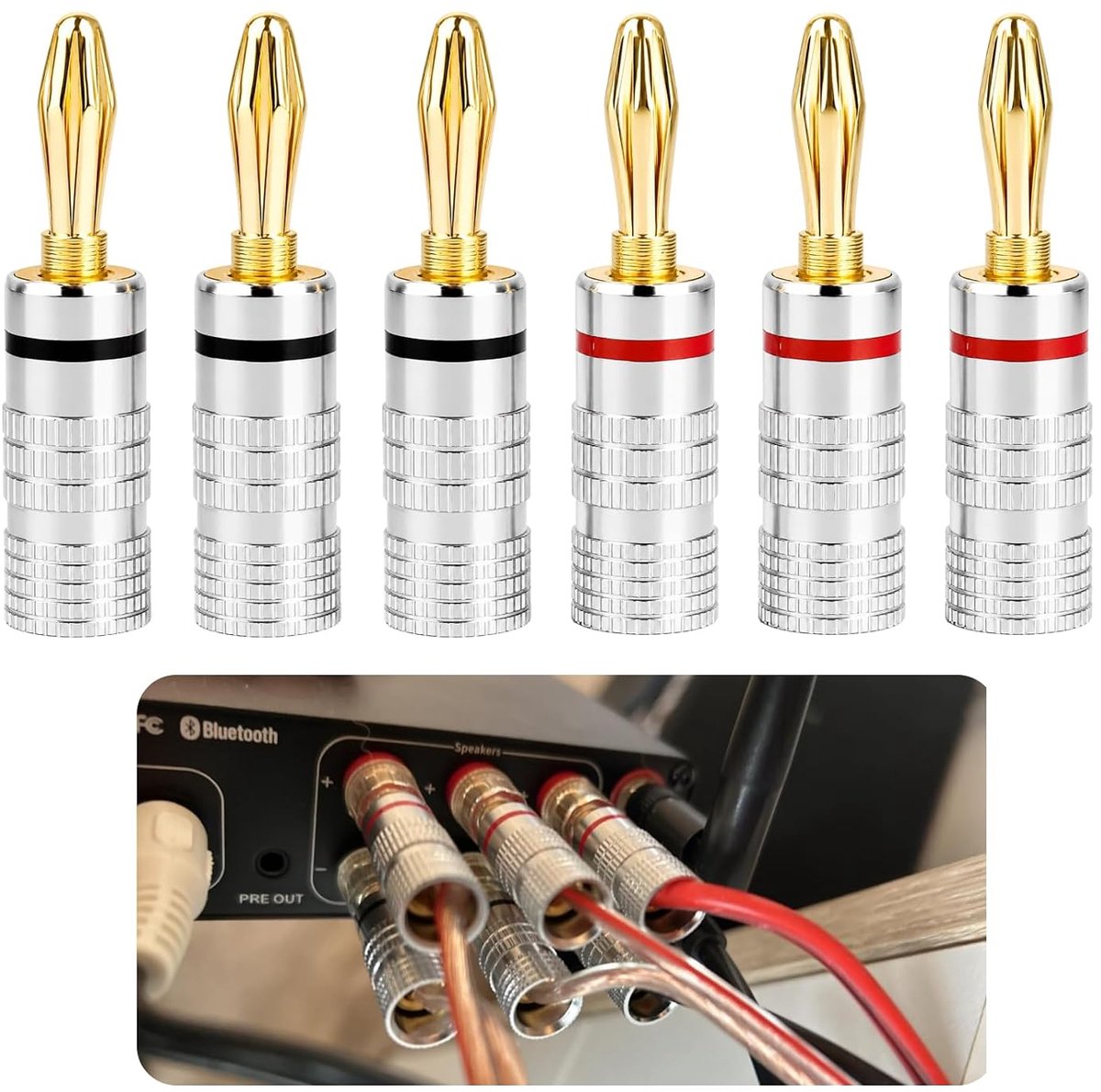 Banana plugs voor luidsprekers - 6 stuks 24K verguld - 3x rood, 3x zwart - betrouwbare audioverbinding - ShopVlot