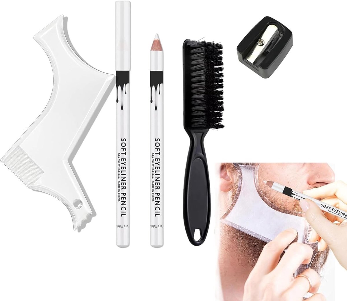 Complete set voor baardstyling met sjablonen, baardpennen, slijper en kam – perfect voor nauwkeurige baard- en haarlijnontwerpen