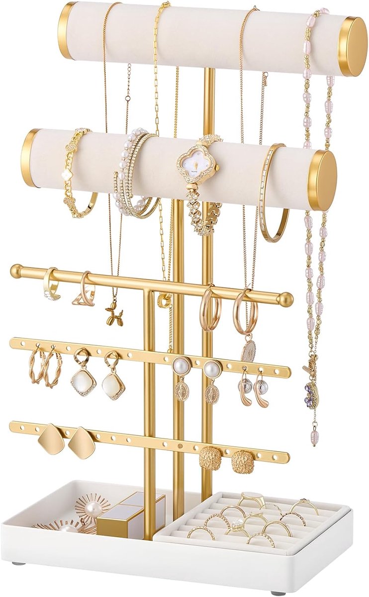 Juwelenorganizer 5-laags - Velvet en metaal - Sieradenstaander voor armbanden, ringen en oorbellen - ShopVlot