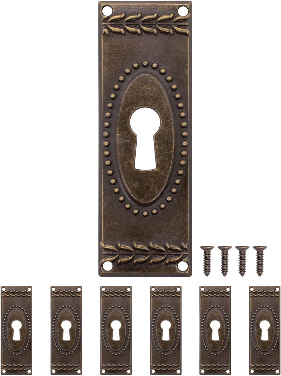 Antieke sleutelplaten set 6x - vintage messing - 73 x 24 mm - ideaal voor meubelrestauratie - ShopVlot