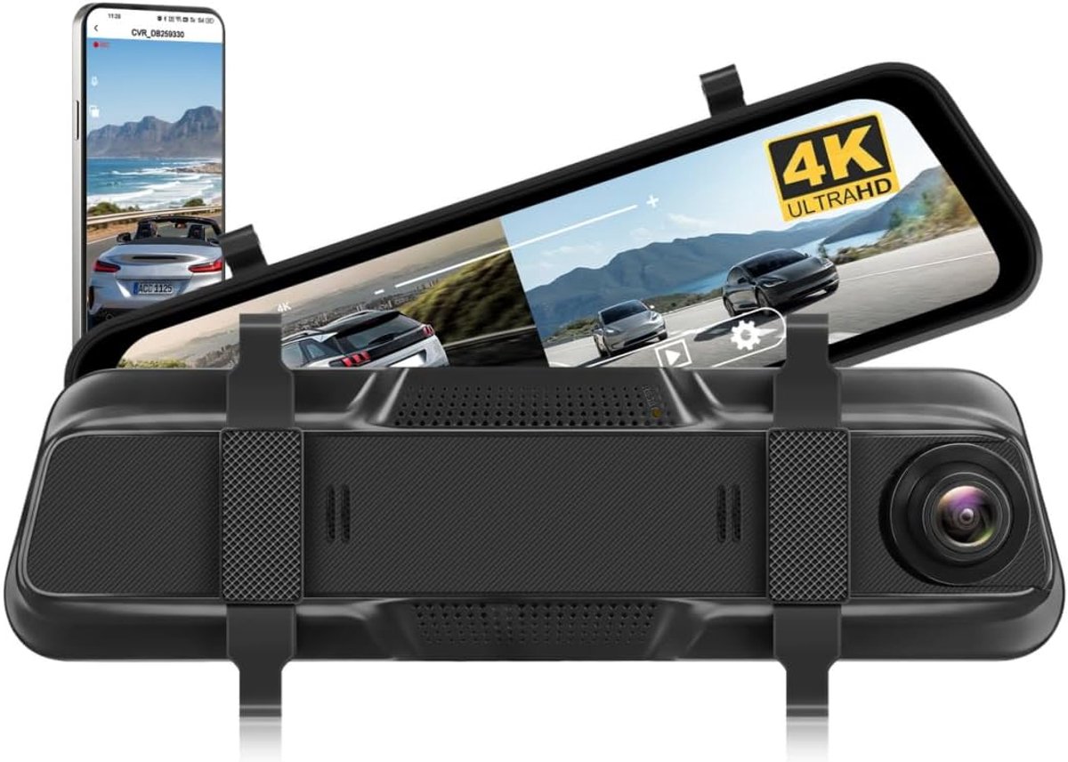 Dashcam 9,66 inch 4K - achteruitkijkspiegel camera - touchscreen met wifi - supernachtzicht - ShopVlot