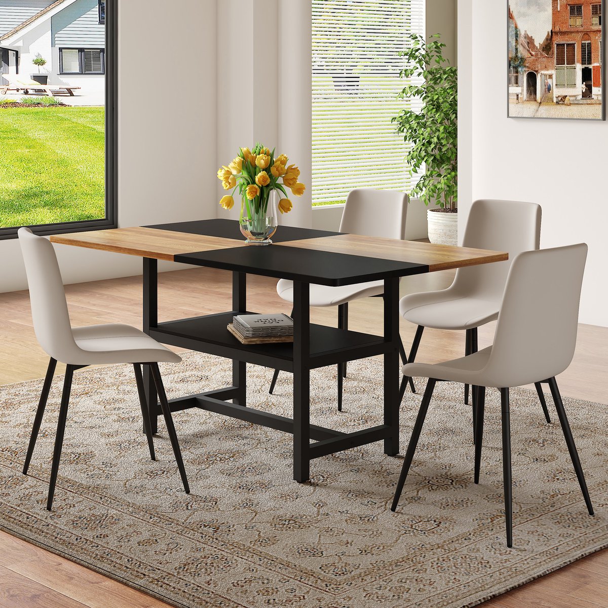 COVREO Eettafel set 160 cm, bruin zwart, hout en metaal, 4 stoelen, opbergruimte