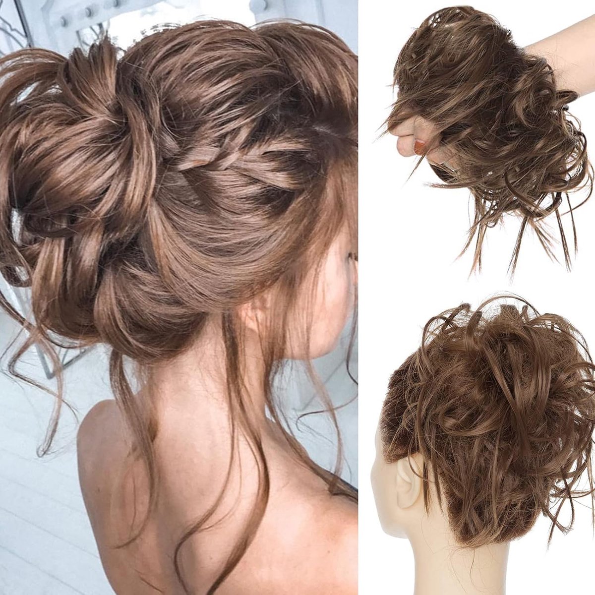 Messy bun extensions 45 g - krullend bruin - haar elastiek - geen beschadiging - ShopVlot