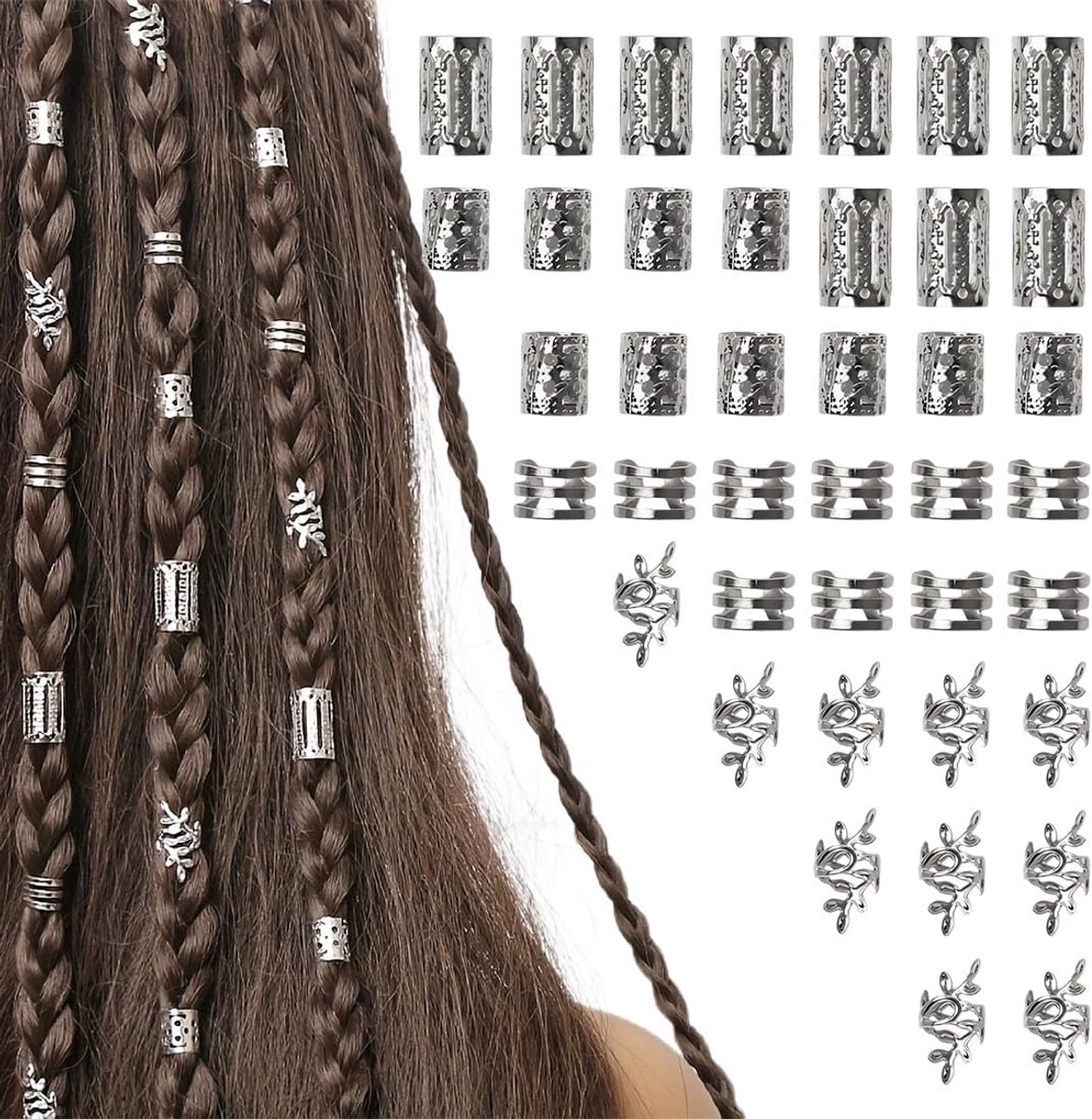 Zilveren Vlechthaarsieraden Set - 40 Stuks Haaraccessoires voor Dreadlocks en Vlechten