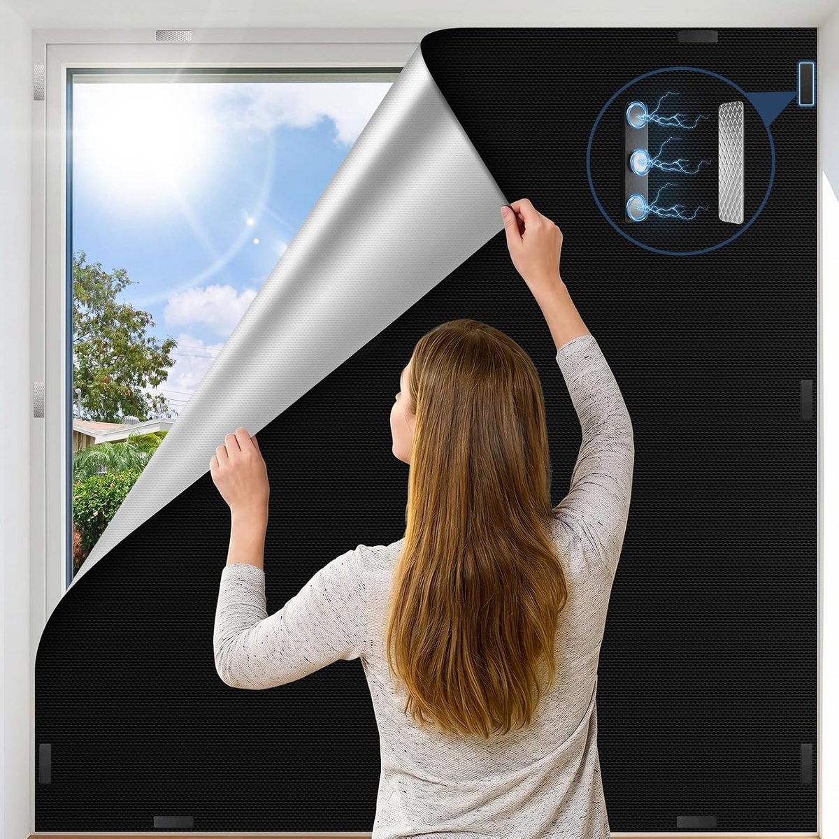 Venster, verduisterend, magnetisch, 300 x 145 cm - 100% verduisterend rolgordijn zonder boren, 420D Oxford - ShopVlot