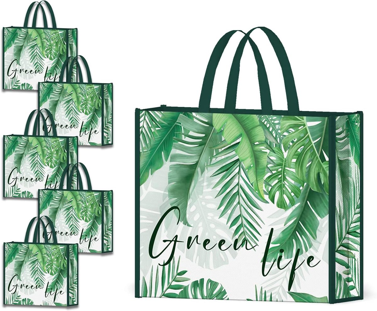 Herbruikbare boodschappentassen - 5-pack groene palmbladeren - milieuvriendelijk - ideaal voor dagelijkse boodschappen - ShopVlot