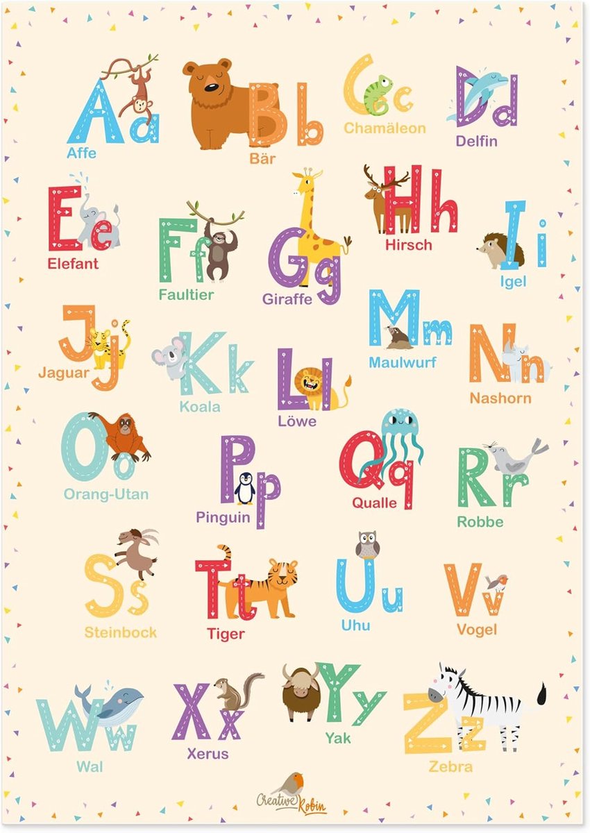 ABC Poster voor Kinderen - DIN A3 - Schattige Dieren Illustraties - Speelse Leermethode - ShopVlot