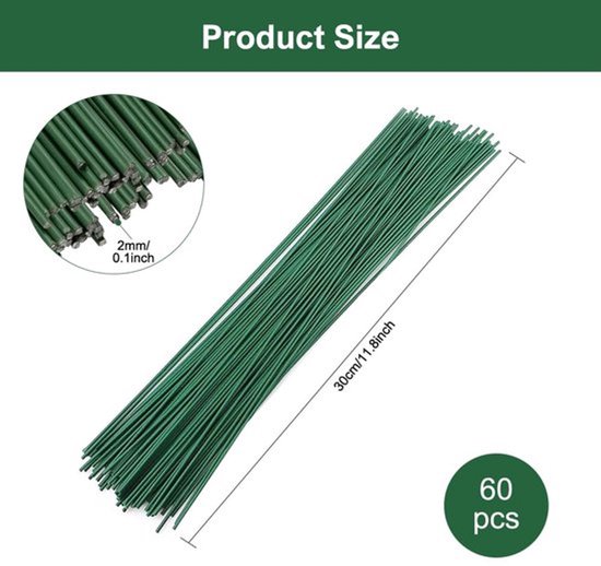 Een bosje van 60 groene bloemendraden, elk 30 cm lang en 2 mm dik.