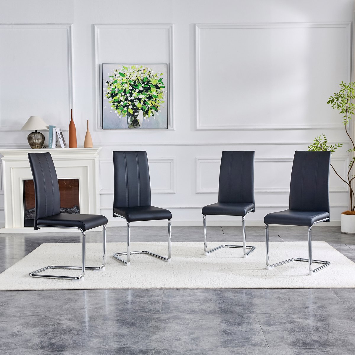 OKWISH Eetkamerstoel – Set van 4 – Ergonomische Hoge Rugleuning en Comfortabele Zitting – Voor Eetkamer, Keuken en Bureau – Kunstleer – Zwart