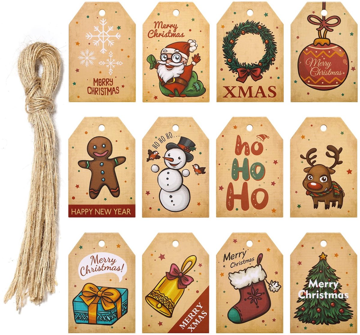 Solidchoice - 48 Stuks Kerst Cadeaulabels met Touw voor Decoratie