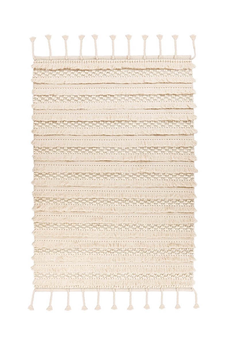 Padiro laagpolig vloerkleed 160 x 230 cm - beige - boho streeppatroon - met franjes - geschikt voor vloerverwarming - van wol en katoen