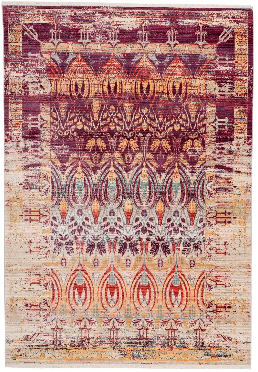 Padiro laagpolig vloerkleed 160x230 cm - rood / oranje - vintage etnisch design - met franjes - geschikt voor vloerverwarming - van polypropyleen