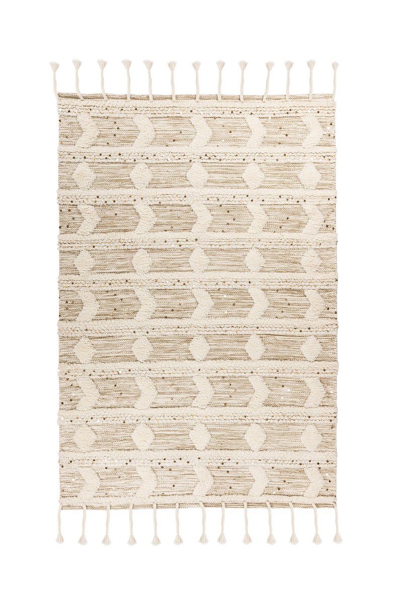 Padiro laagpolig vloerkleed 80 x 150 cm - crème / khaki - boho geometrisch patroon - met franjes - geschikt voor vloerverwarming - van wol en katoen en pailletten