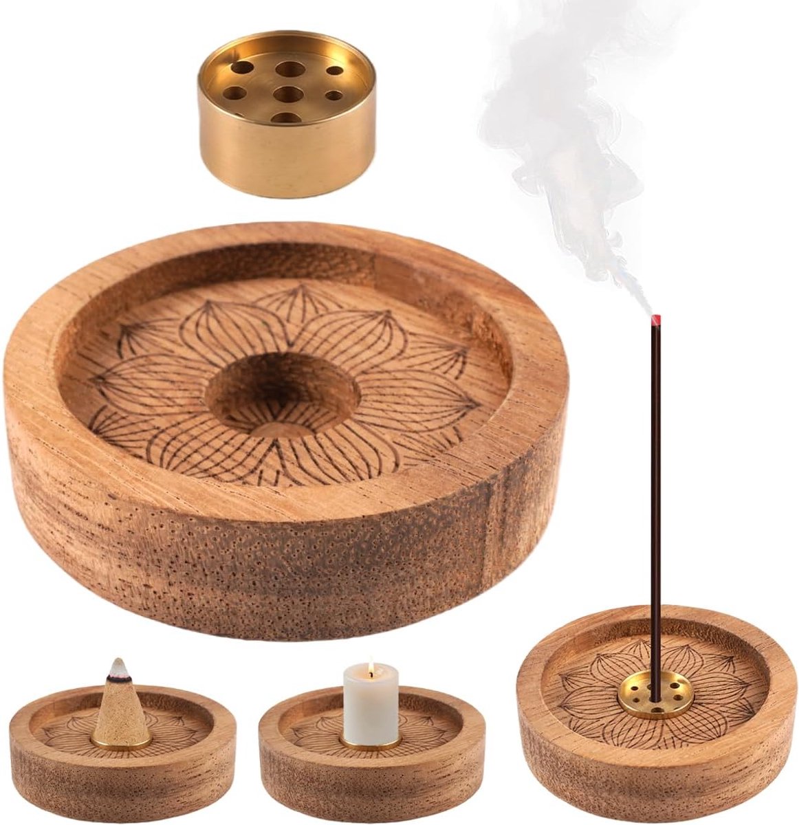 Wierookhouder met asopvangschaal 7cm - Houten lotus wierookschaal - Vintage stijl - Ideaal voor meditatie - ShopVlot