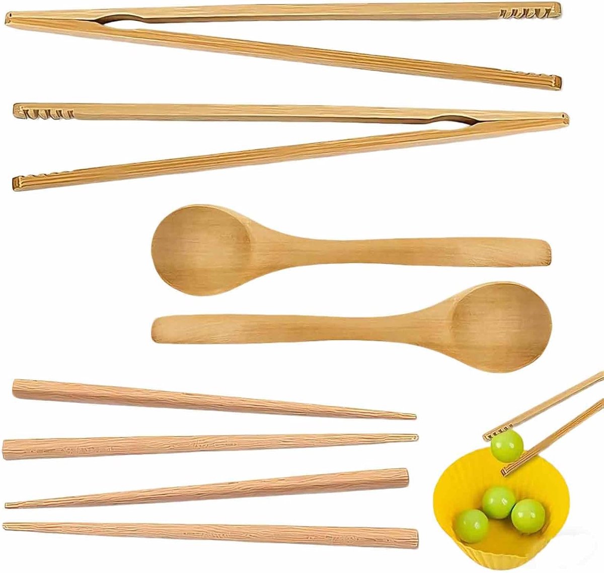 Houten pincet voor kinderen - Montessori set met 2 pincetten, 2 lepels en 2 stokjes - ShopVlot