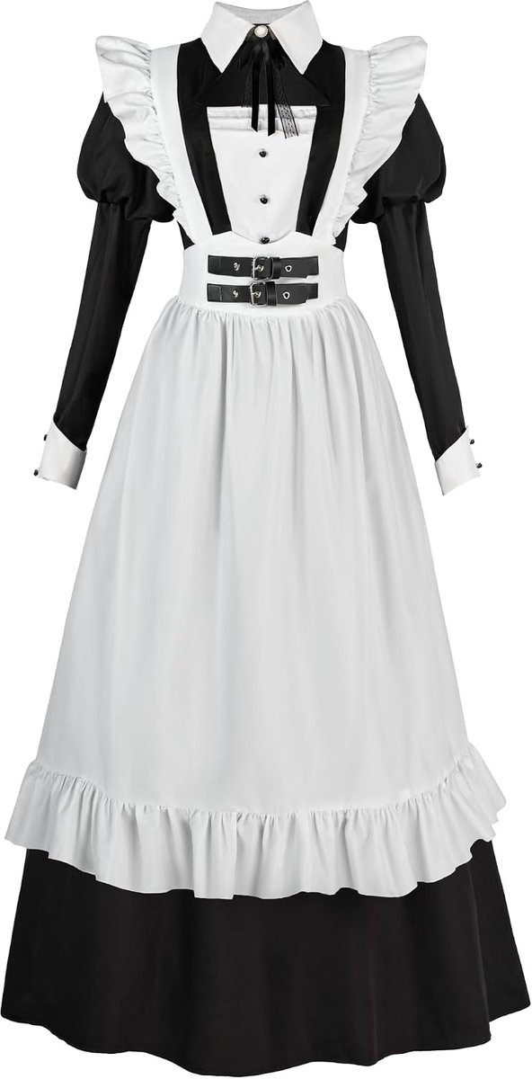French Maid Kostuum Dames Lang 4-delig - Elegante Huishoudster Outfit - Zwart Wit - Perfect voor Carnaval en Halloween - ShopVlot