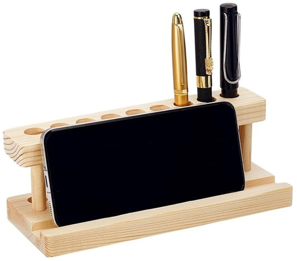 Houten Pen Display Stand Houten Potlood Houder voor Bureau, Massief Houten Pen Organizer met 9 Slots en Telefoonhouder voor School Kantoor Thuiswinkel, 7,8 x 3,1 x 2,7 inch