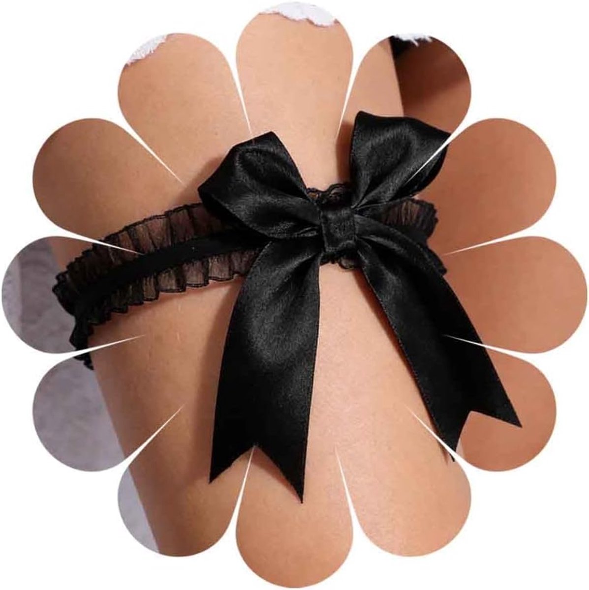Lace garter zwart - grote kanten kousenband met satijnen strik - sexy elastische bovenbeenband - ShopVlot
