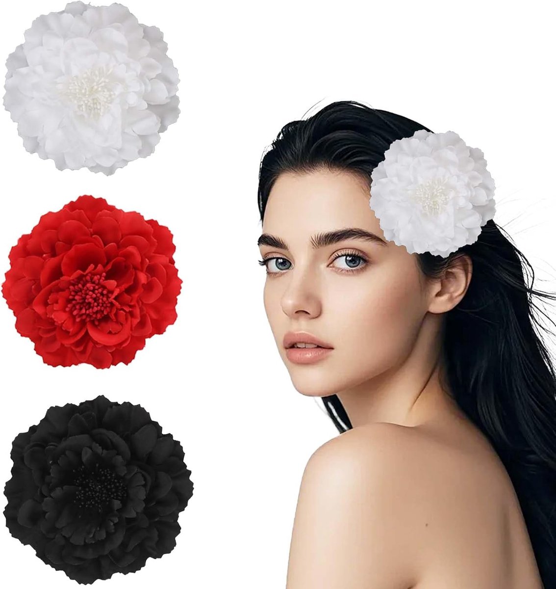 Haarspelden set - Peony bloemen - Rood, wit, zwart - Perfect voor bruiloften - ShopVlot