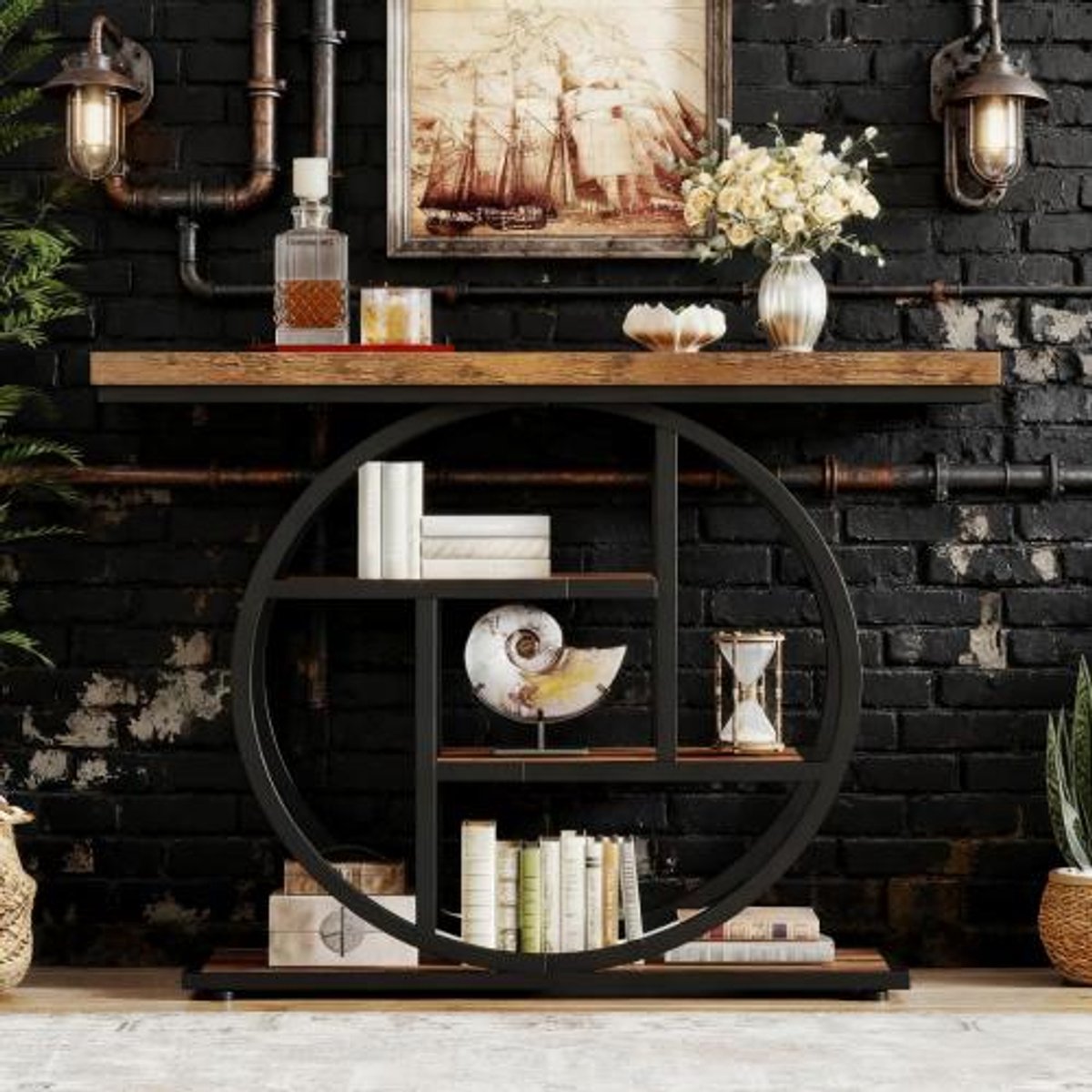 DESMIU Sidetable - Industrieel 4 Laags Ontwerp Met Metalen Frame En Houten Blad - Voor Hal Woonkamer En Werkkamer - Zwart Bruin - 105x30x80 Cm