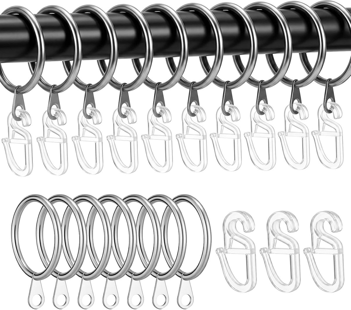 Gordijnringen 30 mm - metalen ringen met kunststof haken - 80-delige set voor ramen en douchegordijnen - ShopVlot