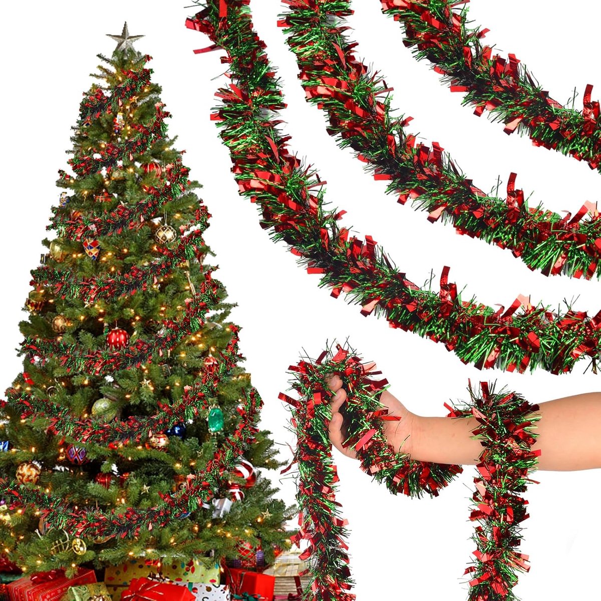 Kerst Tinsel Garland 20m - Metallic Decoratie - Voor Bomen en Deuren - Creëer een Feestelijke Sfeer - ShopVlot