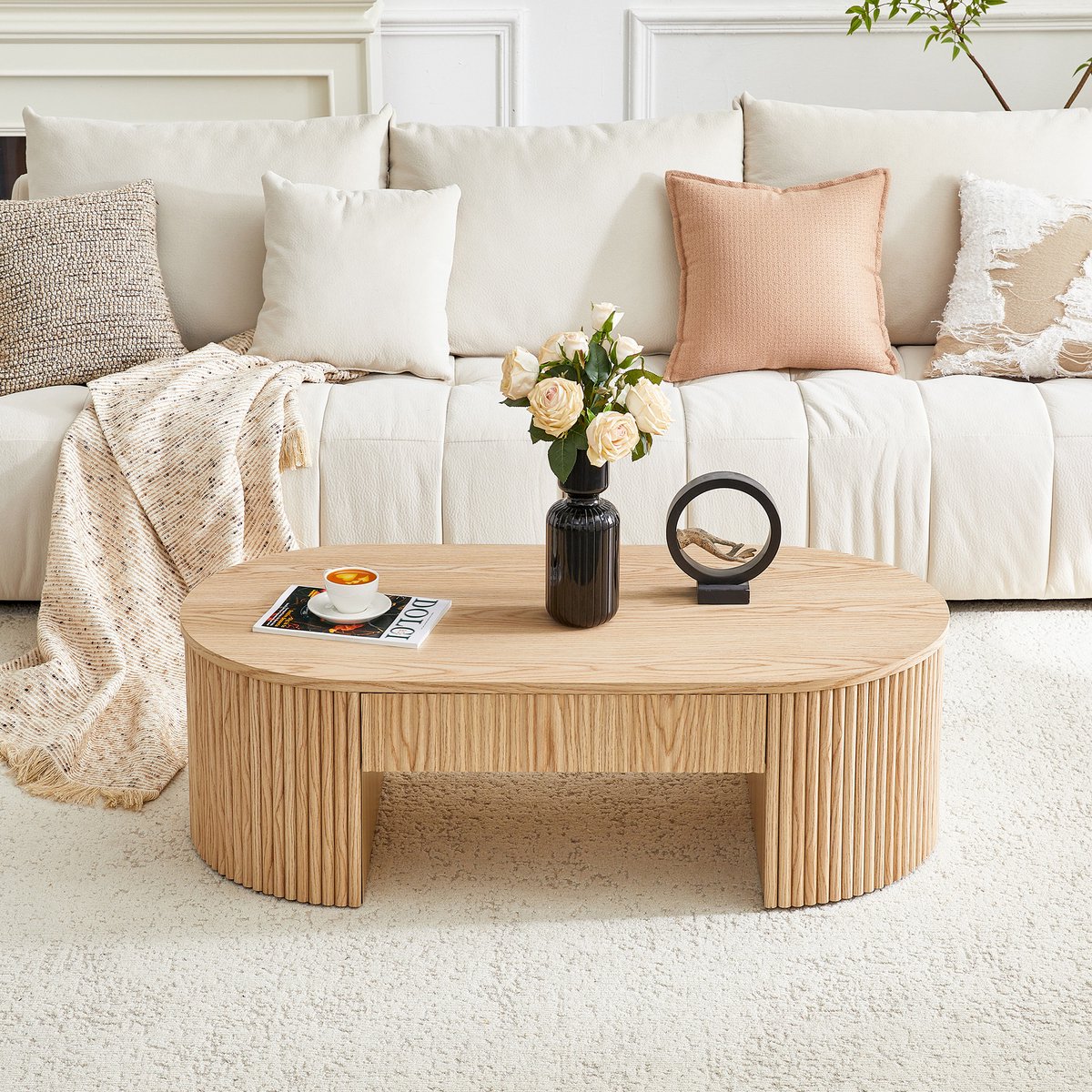 Ovale Salontafel 105x54 cm - Houten Koffietafel Met Lade En Fluted Rillen Eiken