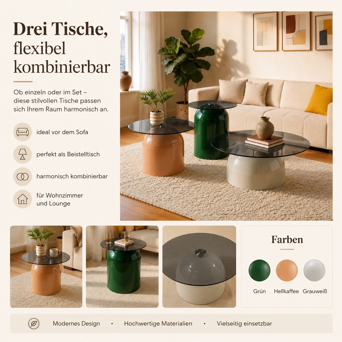 Set 3 Ronde Salontafels - Glazen Tafels Met Hoogglans Stalen Onderstel 40/50/70 cm Groen