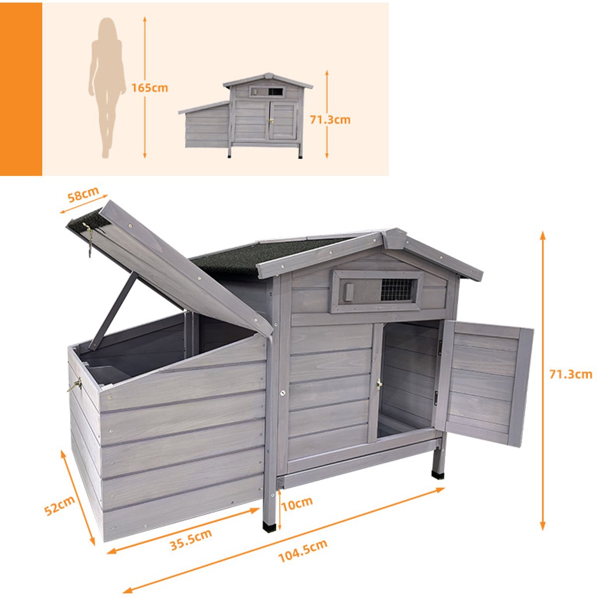 Kippenhok Met Verhoogd Legnest 104x60x71,5 cm - Houten Kippenverblijf Met Stelten Beschermt Tegen Roofdieren Lichtgrijs