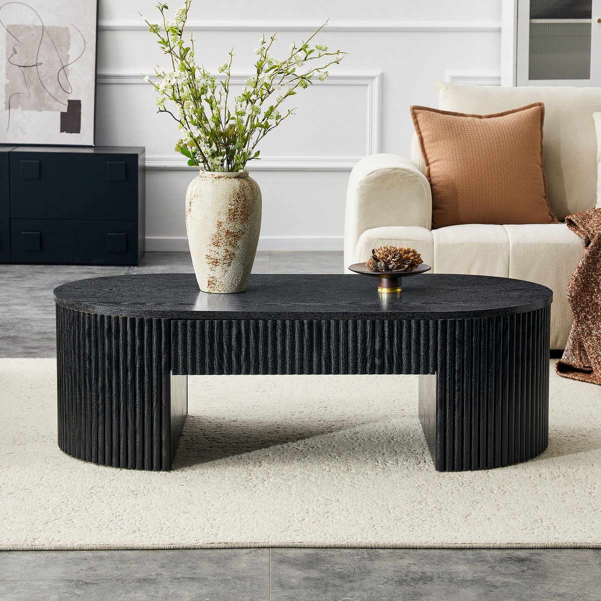 Ovale Salontafel 105 cm - Design Couchtisch Met Opbergla En Rillenlook - MDF Zwart