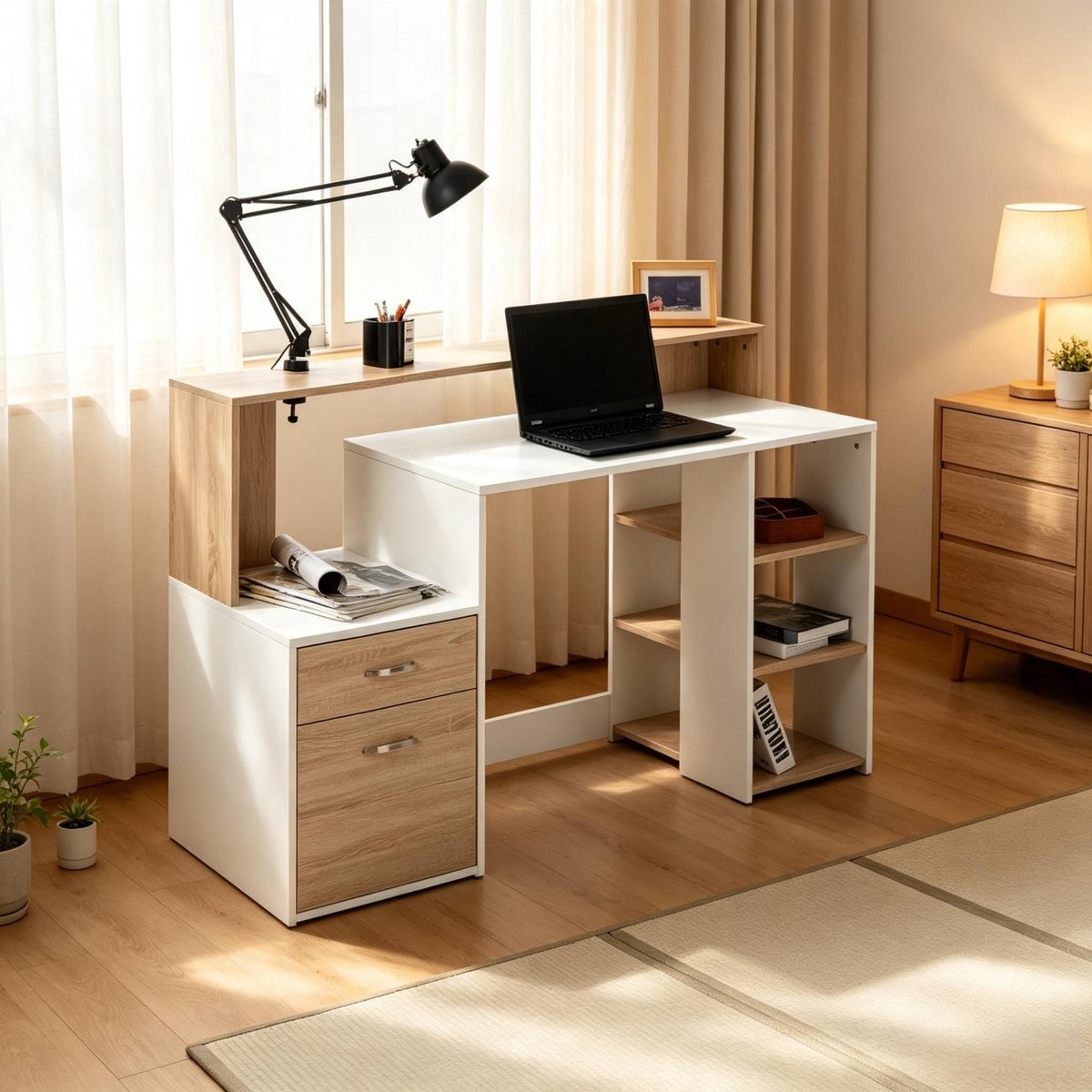 Bureau 137x55x92 cm Met Lades En Open Legplanken - Computer Bureau Met Opbergruimte Wit