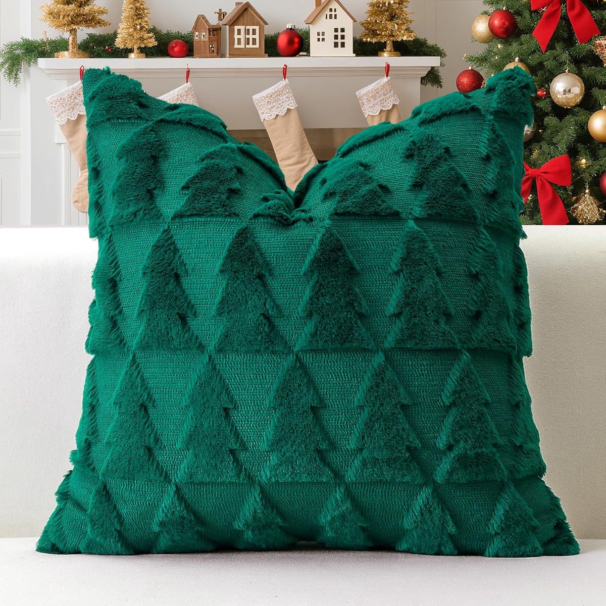 Kussenhoes 50 x 50 cm - Pluche kort wolvelvet - Kerstboom ontwerp - Perfect voor jouw sofa of slaapkamer - ShopVlot