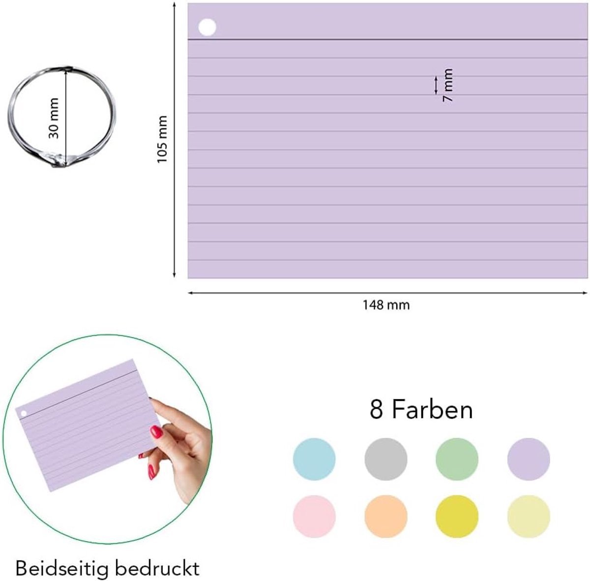 PRICARO Index Cards, Lined, A6, Perforated, Including Metal Rings, 8 Colours, 400 Pieces - ShopVlot