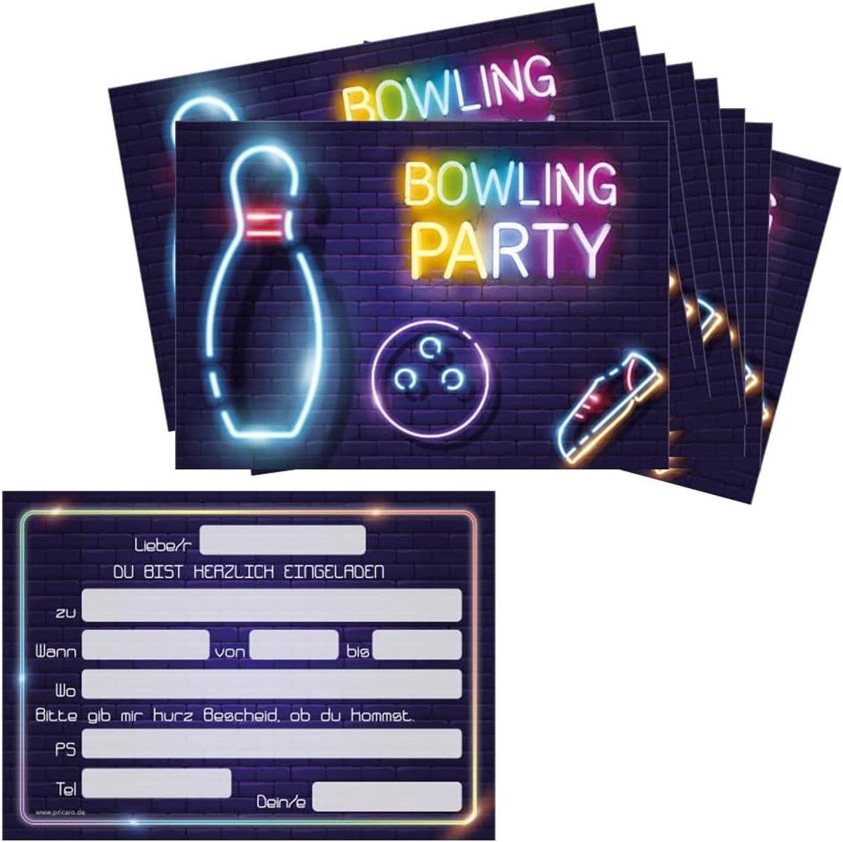 PRICARO Uitnodigingskaarten kinderverjaardag, A6 "Bowling Neon", 10 stuks - ShopVlot
