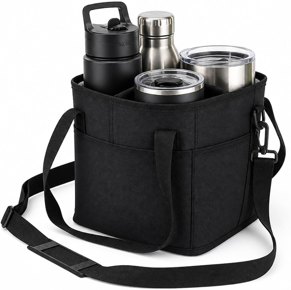 Insulated Drink Carrier Bag, 4 Compartments, Black Nylon Reusable Drink Bag with Adjustable Shoulder Strap and Front - ShopVlot