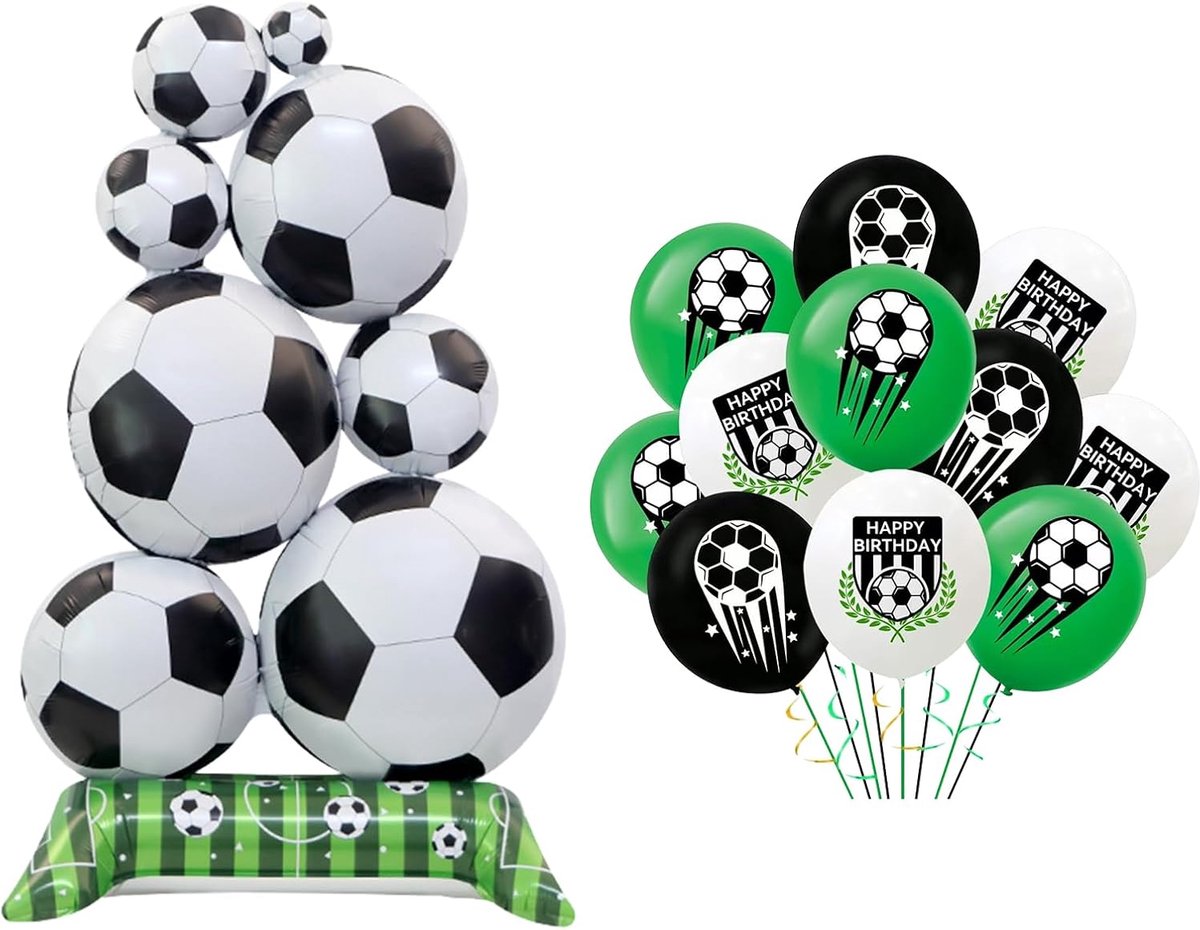 18 Football Balloons + 4D Standing Football Pile, 12 Inch Latex and 150 cm Foil Balloon in Green, White, Black, for - ShopVlot